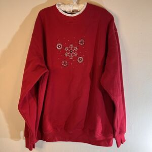 Christmas Sweatshirt Size 1X Snowflakes Holiday Red Mock Neck Grannycore Vintage